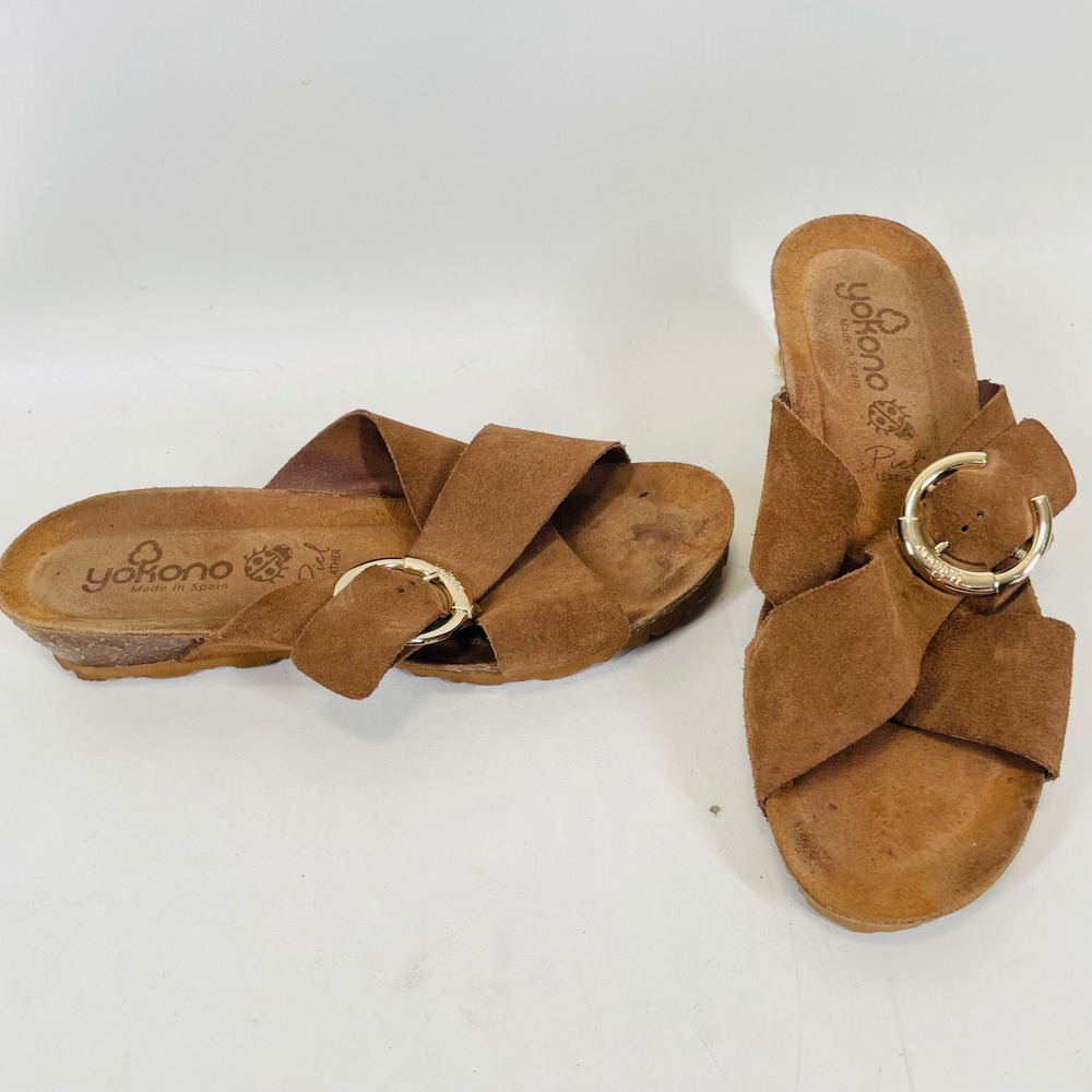 Yokono Spain Tan Suede Cork Wedge Buckle Slide Sandals Womens 9.5